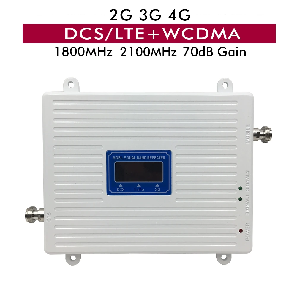 

65dB Gain Dual Band Booster 4G DCS FDD LTE 1800+3G UMTS WCDMA 2100MHz Mobile Signal Repeater Cellular Amplifier with LCD Display