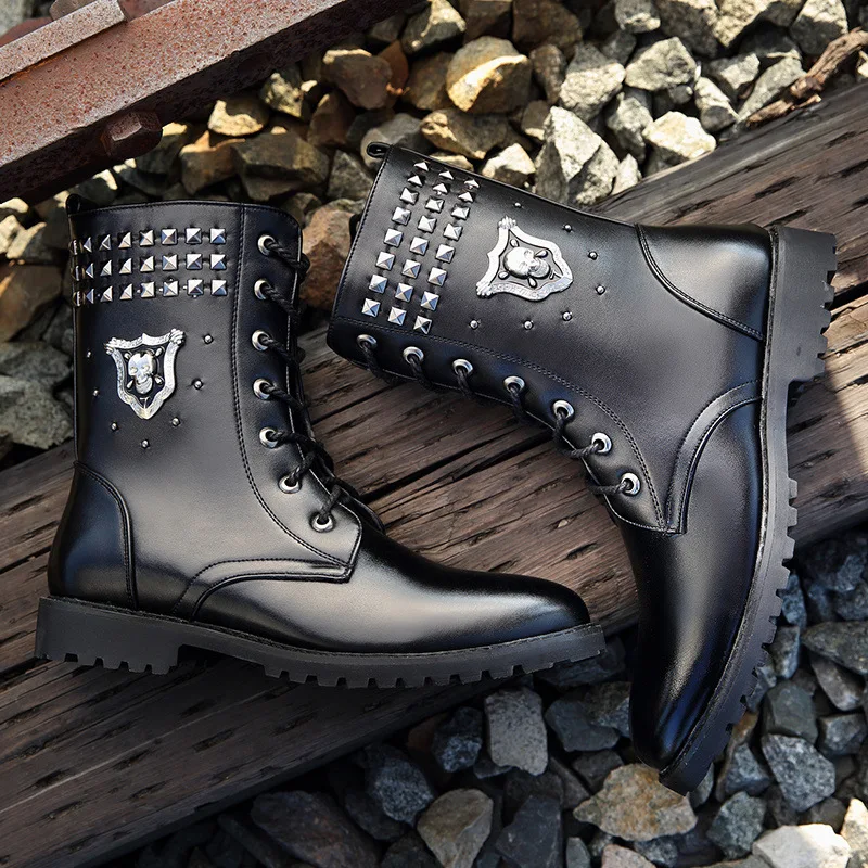 

Winter Martin Boots Men 2018 Fashion Punk Rivet All Black Boots High Top Zipper Shoes for Male Zapatos De Hombre Cotton Shoes