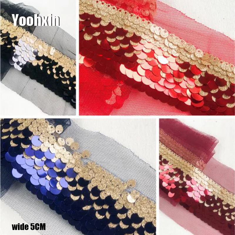 

5CM Wide HOT Cotton Embroidery sequin flower lace fabric dubai sewing DIY trim material applique Ribbon collar guipure decor