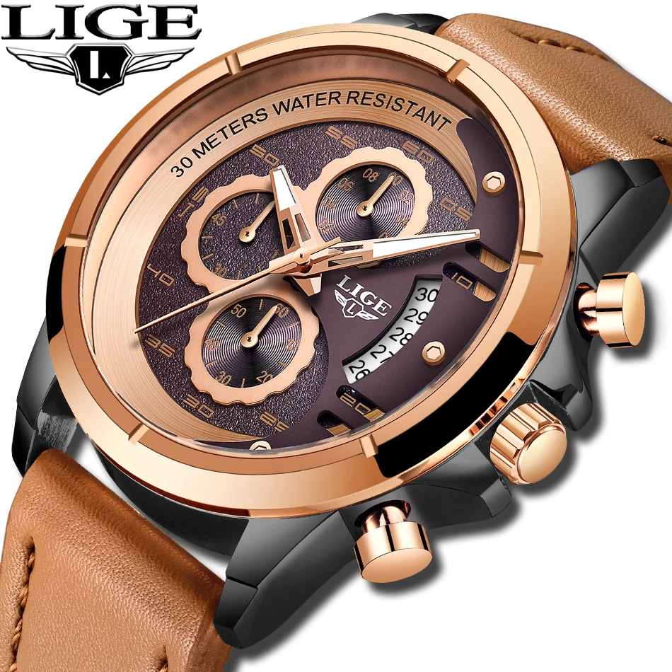 

LIGE Fashion Business Watch Men Sport Quartz Clock Mens Watches Top Brand Luxury Waterproof Leather Watch Relogio Masculino Gift