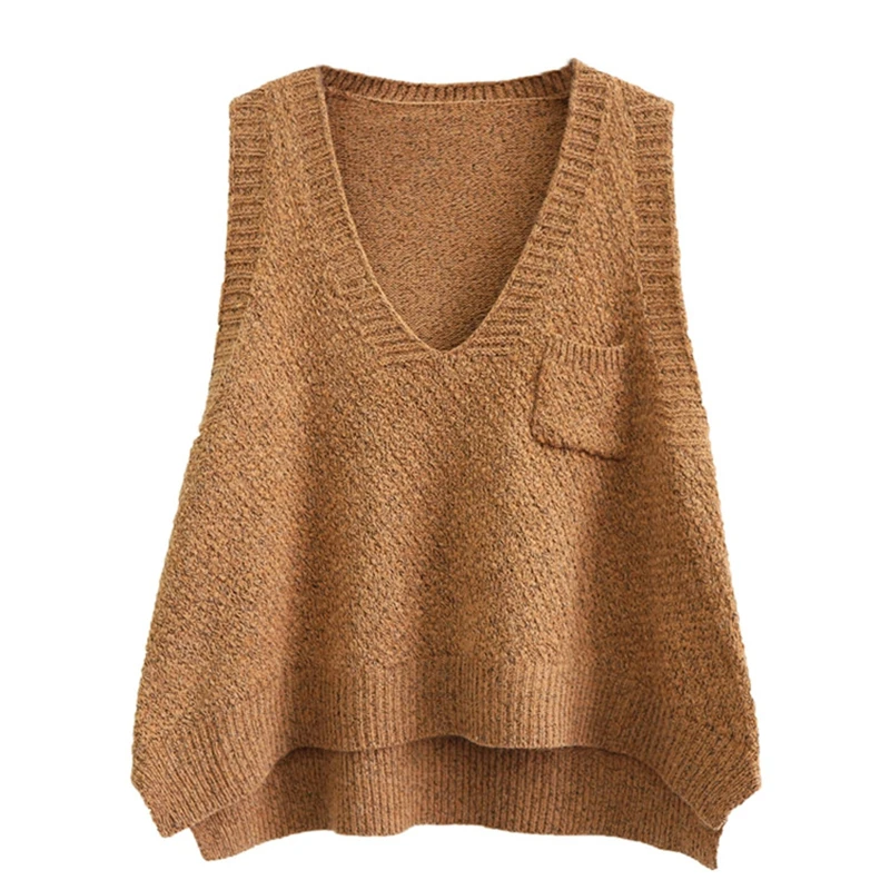 Осень зима женский модный свободный свитер жилет без рукавов женский с разрезными карманами v-образный вырез вязаный Универсальный пуловер Топы Q7