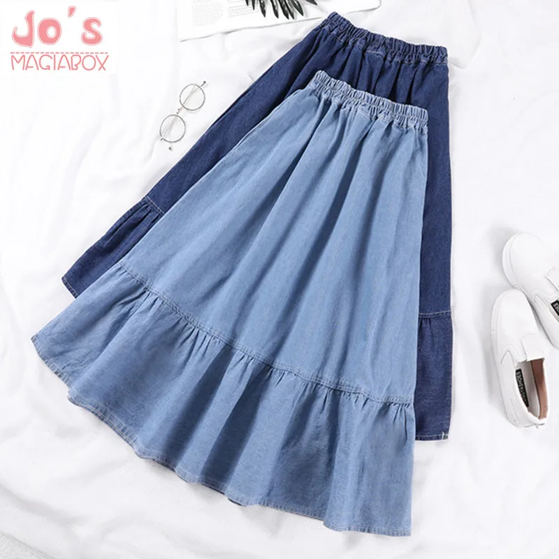 

Denim Skirts Women Solid Color Long Spring Summer A-Line High Waist Female Long Skirt Plus Size Casual Pockets S-3XL