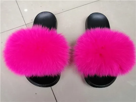 COOLSA Hot Women's Striped Plush Fur Slippers Super Fluffy Furry Fox Fur Slides Travel Quick Drying Beach Flip Flops Plus Size - Цвет: as picture shows