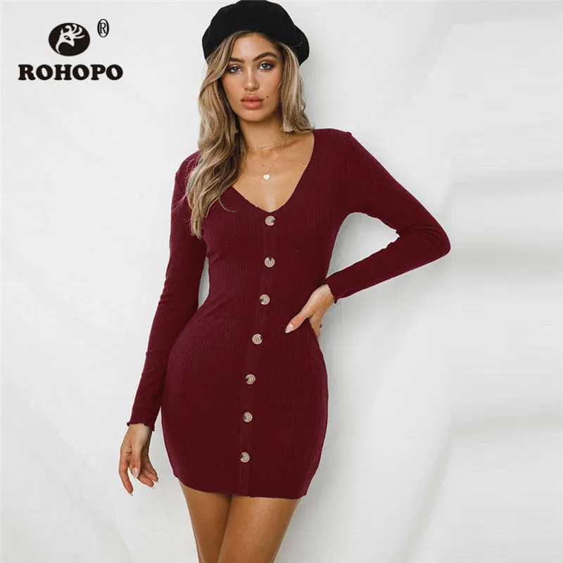 

Women Knit Long Sleeve Dress Pencil Single Breast Button High Waist Skinny Dress 2019 Autumn Woman Outwear #8123