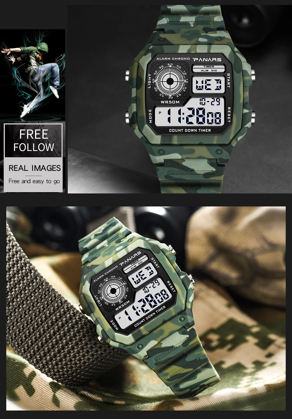 PANARS часы мужские спортивные цифровые часы с хронографом водонепроницаемые светящиеся часы камуфляжные военные наручные часы Мужские часы