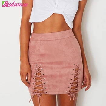 

Fashion Lace Up Wome's Skirt Suede High Waist Pencil Skirts Mini Saias Femme Leather Bodycon Skirts Sexy Split Skirts For Women