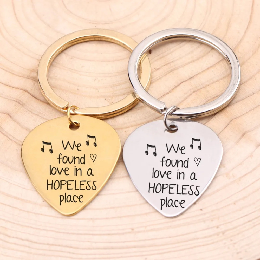 Guitar Pick Key Chain Music Lover Gift Hand Stamped We Found Love In a Hopeless Place Musician Men Women Keyring Jewelry | Украшения и