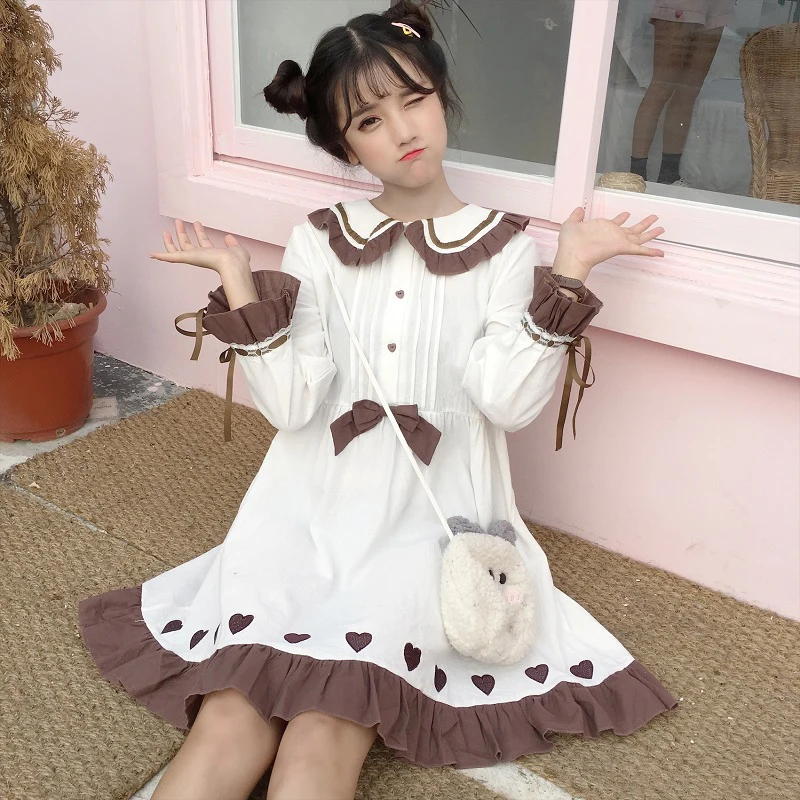 Japanese Women's Sweet Dress Cute Bow Doll Collar Heart White Mini