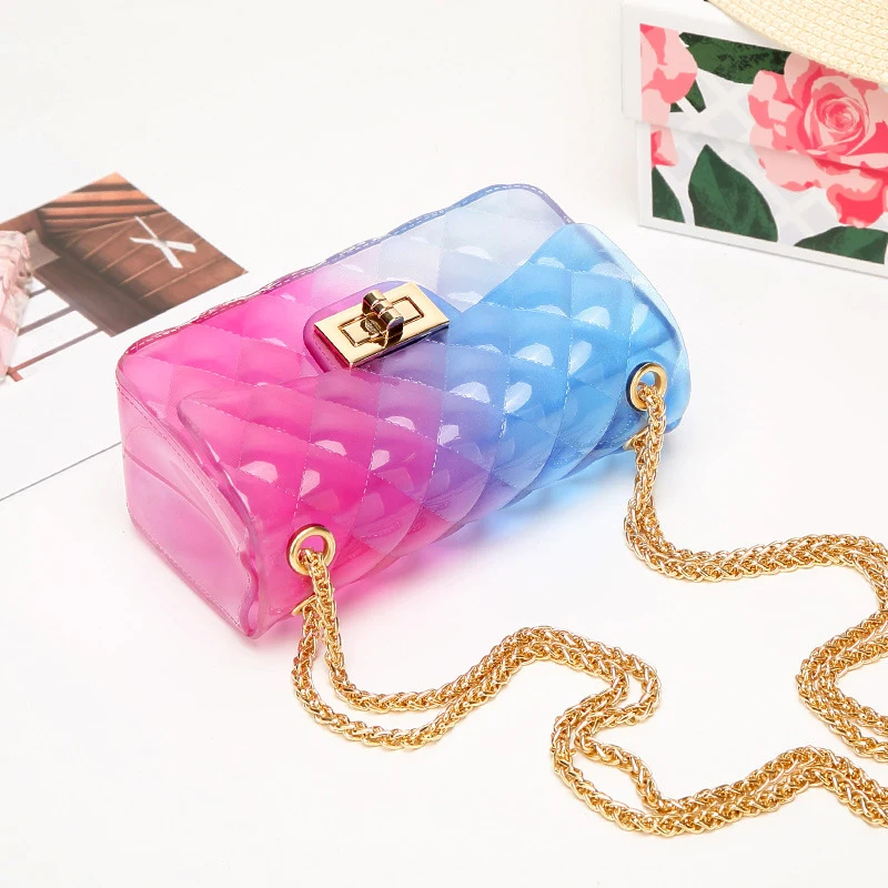  Fashion Colorful PVC Bag Women High Quality Transparent Plaid Jelly Chian Crossbody Bags Gradient C - 33027657205
