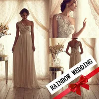 2014 romantic fashionable wedding dress vestido de noiva A-Line One Shoulder Flowers beads Zipper Back Chiffon Dress BO2215