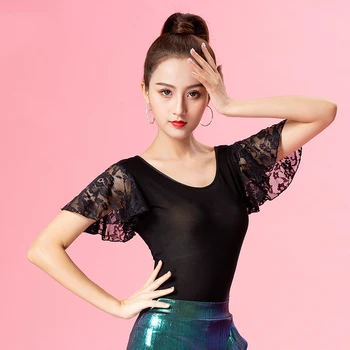 

New High Grade Ice Silk Women Ballroom Latin Dance Tops Sale Sexy Lace Short Sleeves Female Salsa Practice Dancing Shirt DL3627