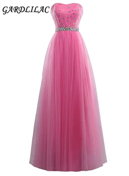 

New Strapless Pink Long Bridesmaid Dresses 2019 Plus Size Wedding Party Gown Tulle With Beads Maid of Honor Prom Gown