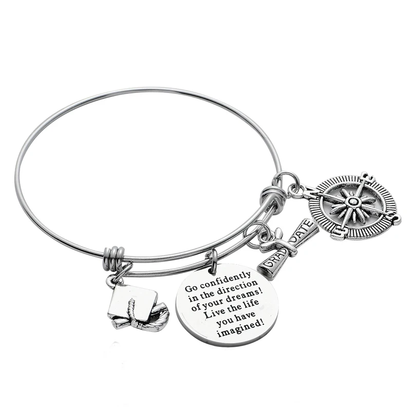 'Go Confidently In The Direction Of Your Dreams' Graduation Gifts Bachelor Cap Charm Silver Bangle Bracelet Jewelry | Украшения и