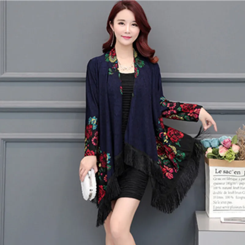 UHYTGF Autumn trench coat Womens fashion folk-custom printing Cardigan shawl thin outerwear Long sleeve loose plus size coats 83 - Цвет: Navy blue tassel