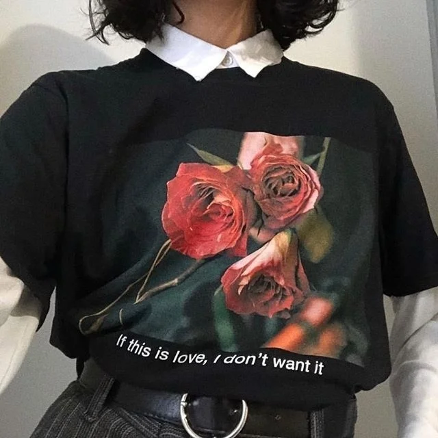 

sunfiz YF If This Is Love I Don't Want It Letter Print Top Halajuku Cartoon Style Printed Rose Loose Black Big T-shirt