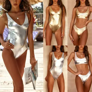 

Sexy Shiny Gold/Silver Metallic Leather Scoop Neck Biquini Bathing Suit Swimsuit Plus Size Swimwear Women Brazilian Bikini