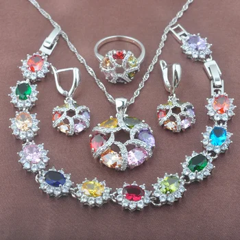 

Luxury Silver Plated Jewelry Sets Multicolor Cubic Zirconia Birthstone For Women Setting European Wedding Fashion Jewelry YZ0569