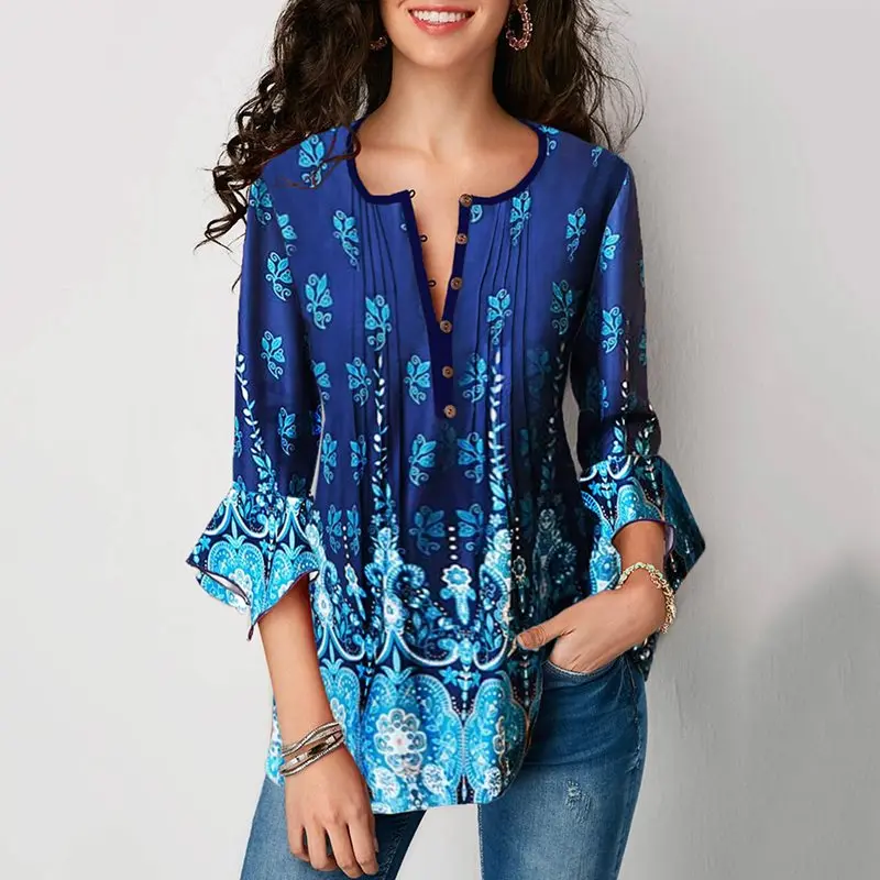 

Blue Plant Printed Women Blouse 2019 Stylish Boho Casual Ladies Tops Autumn Loose Street Female Shirts Holiday Oversize Blouses