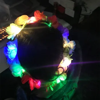 

2019 Colorful LED Flashing Hawaii Flower Headband Women Girls Hula Dance Performance Floral Wreath Tropical Glow Party Supplies