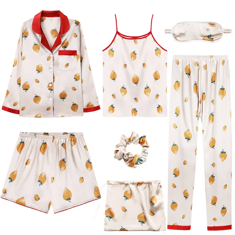 

Autumn Pajamas for women 7 pcs satin silk female pajamas set sexy sling long sleeve pants waist lounge home suit sleepwear