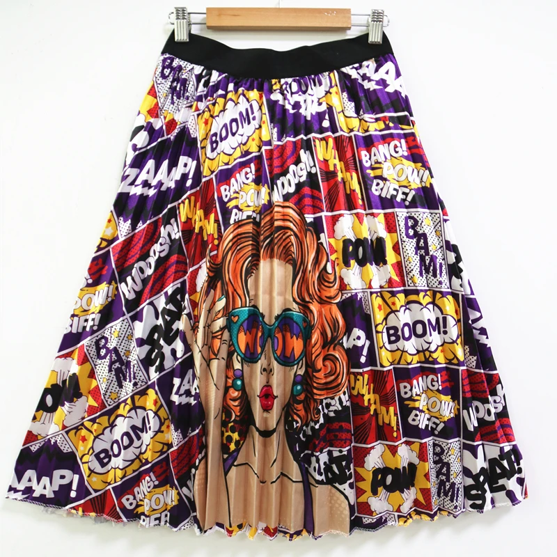 

New-Coming Cartoon Spring Summer Printing Pattern Empire High Elastic Women Pleated Skirt Party Holiday High Street