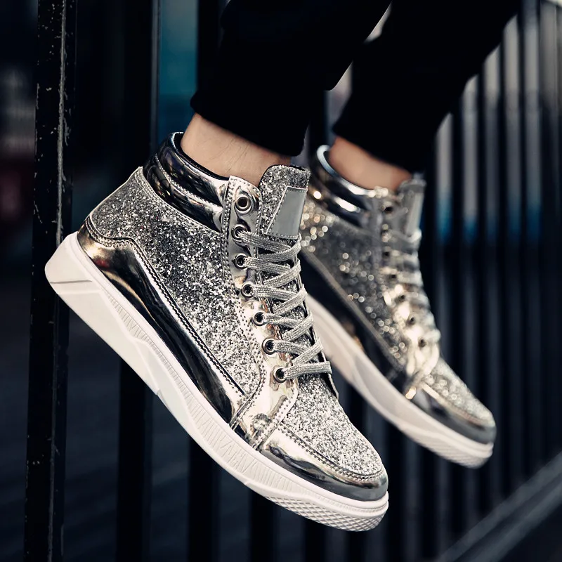 Для мужчин Bling высокие вулканическая обувь мужской моды на шнуровке дышащая