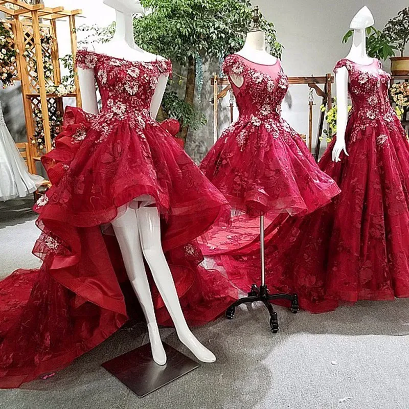 

Short front long back evening dress 2018 lace up back appliques lace red mother daughter party dresses real photos