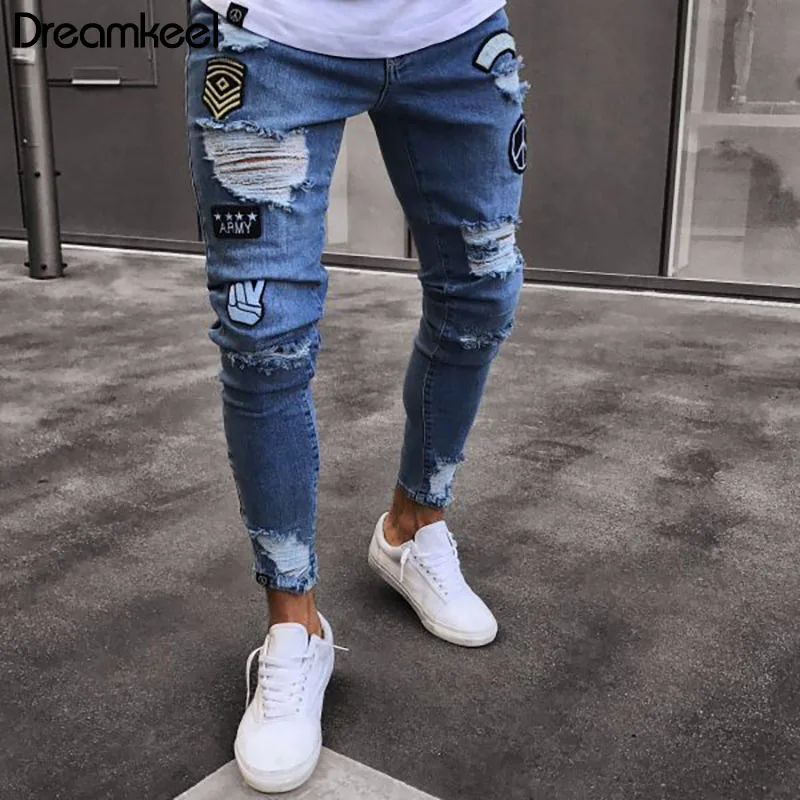 

Man Pants Jeans Fashion Streetwear Men Jeans Vintage Destroyed Ripped Elastic Zipper Jeans Pants Hip Hop Jeans Men Plus Size Y