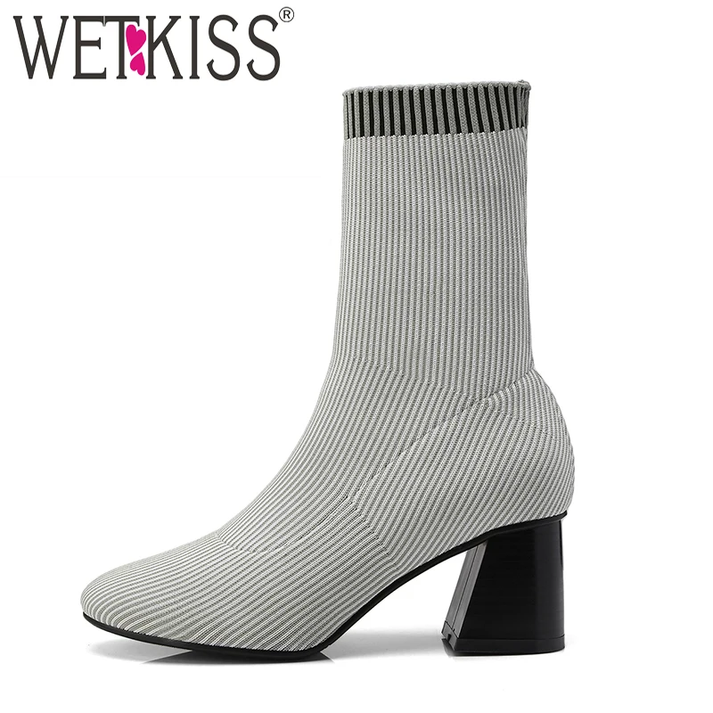 WETKIS Knitting High Heels Socks Boots Women Round Toe Stretch Boots ...