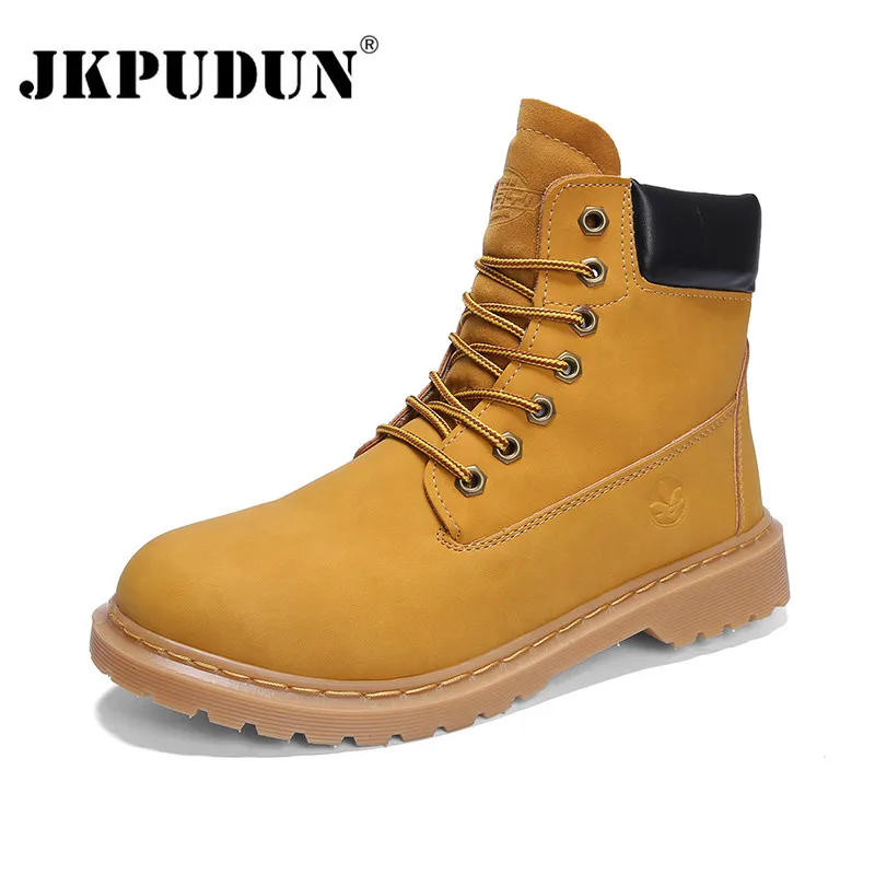 

JKPUDUN Winter Ankle Boots Men Casual Safety Shoes Lace-Up Autumn Leather Waterproof Work Tooling Mens Boots Military Army Botas