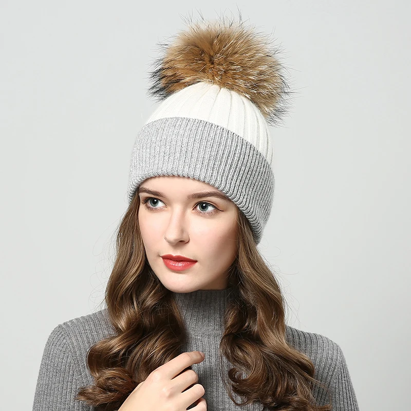 Женские зимние шапки, меховая шапка с помпоном gorros, модная зимняя в стиле бини из меха енота, шапка с помпоном, вязаная шапка, толстая женская шапка
