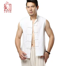 LZJN 2019 Chaleco de verano para Hombres estilo chino Vintage transpirable Lino botón abajo camiseta de Kung Fu chaleco chamarra sin mangas