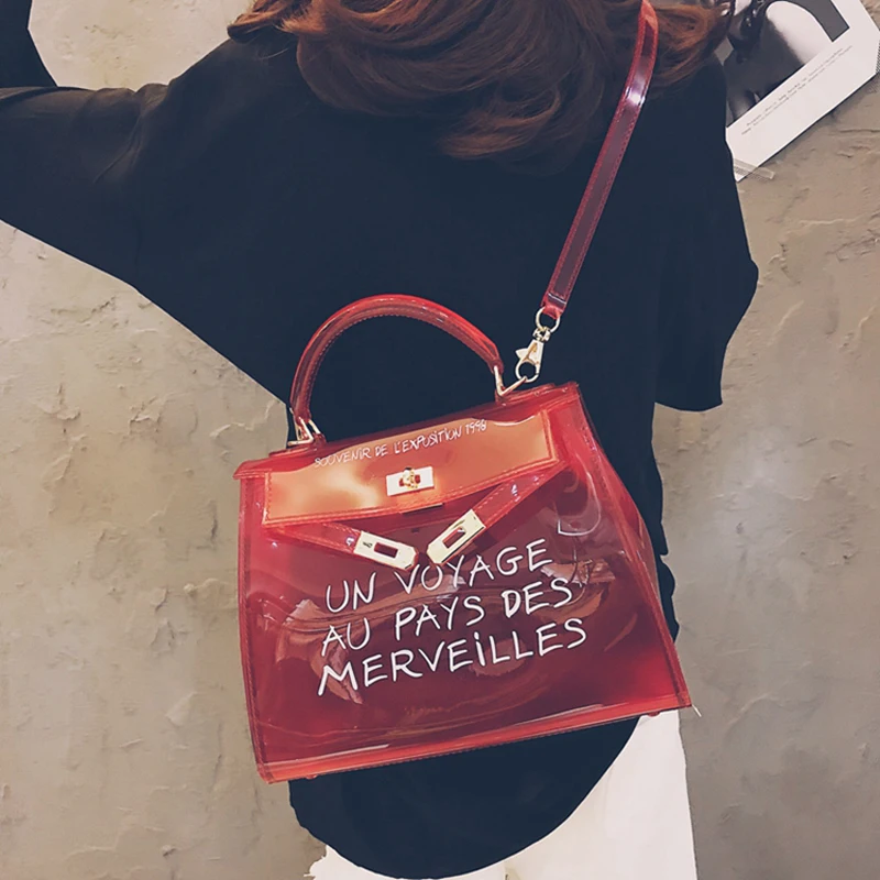 

Women Bags Clear Transparent PVC Letter Jelly Candy Top-handle Women Luxury Handbag Messenger Crossbody Bags Females Bolsa