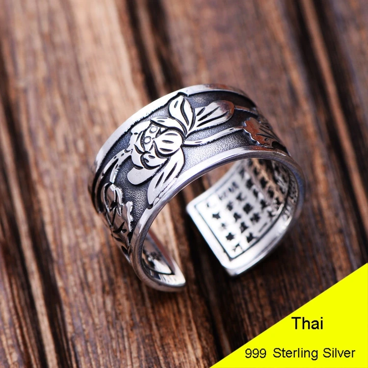

999 Sterling Silver Open Ring Buddhist Lotus Heart Sutra Men Thai Silver Fine Jewelry Gift 1.1cm Wide Finger CH057159