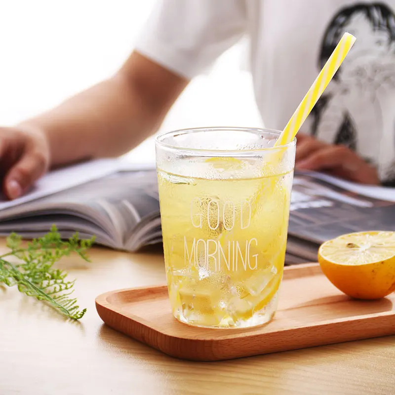Glass Cups 400ml Brief Style Good Morning Glass Breakfast Cups Glassware Lovely Cups & Mugs for Milk Smoothie Drinkware (6)