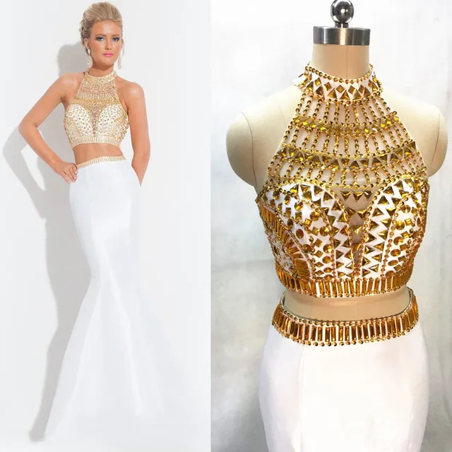 2016 Custom Design White Gold Crystal Two Piece Prom Dresses Long 2016 Custom Design White Gold Crystal Two Piece Prom Dresses Long Evening Graduation Homecoming Mermaid