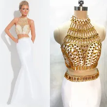 2016 Custom Design Weiß Gold Kristall Zweiteiler Prom Kleider Lange abendkleider Schulabschluss Heimkehr Mermaid Pageant Kleider