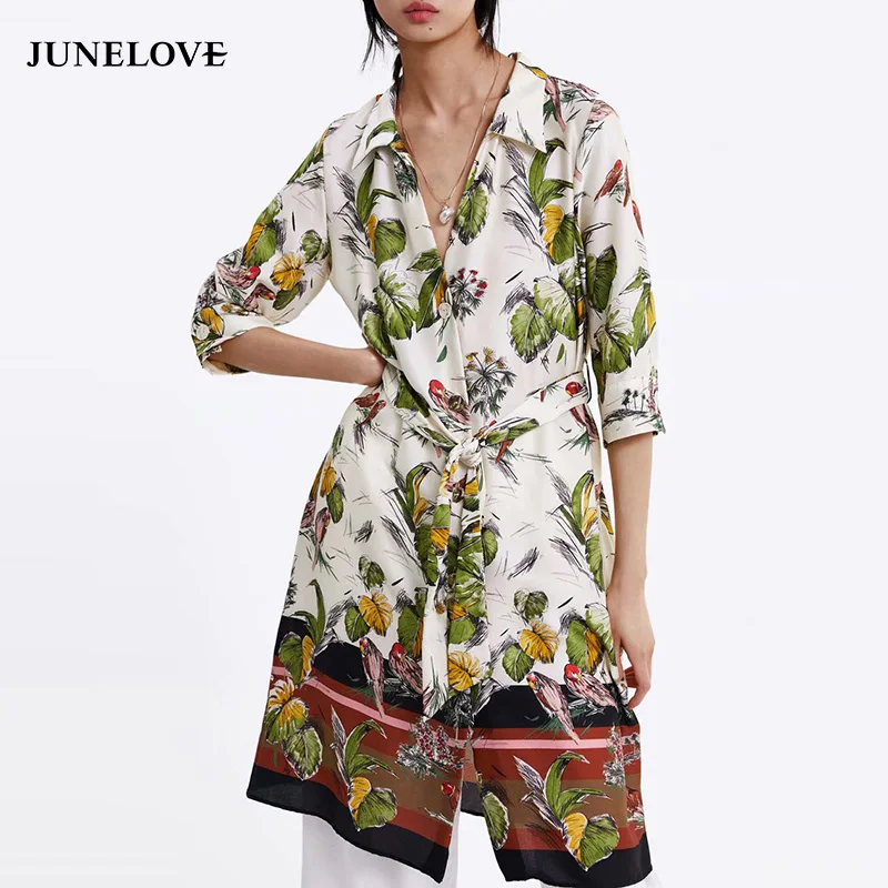

JuneLove Women Spring Half Sleeve Mini Dress Vintage Print Floral Female Straight Dress Casual Sashes Lady Loose Dress Vestidos