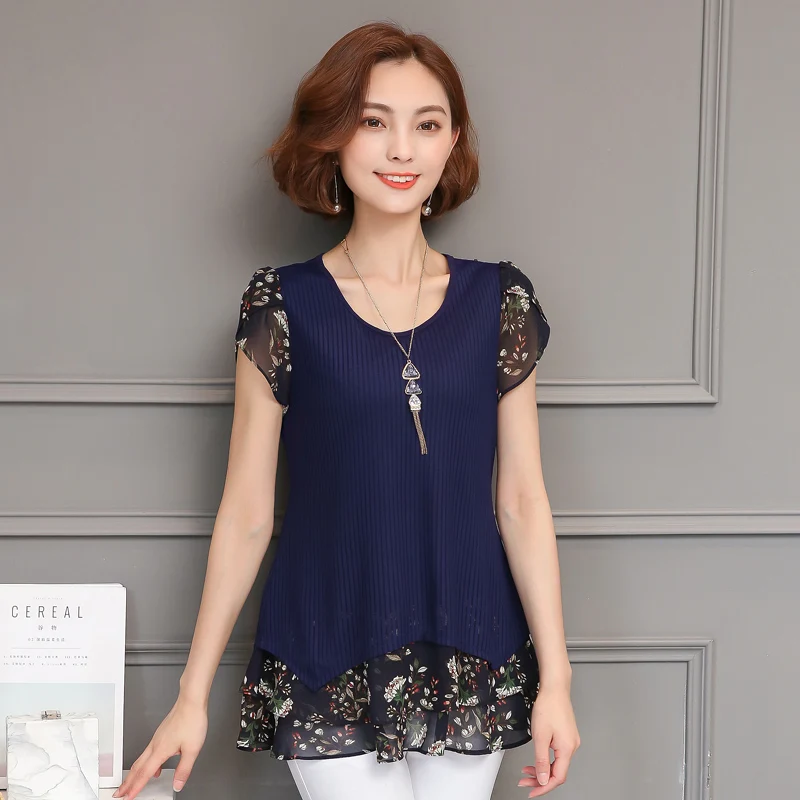 New Summer Women Short Sleeve Blouses Plus Size Korean Fashion O-Neck Chiffon Casual Shirts Print Patchwork Blouse XL-5XL Z20 |