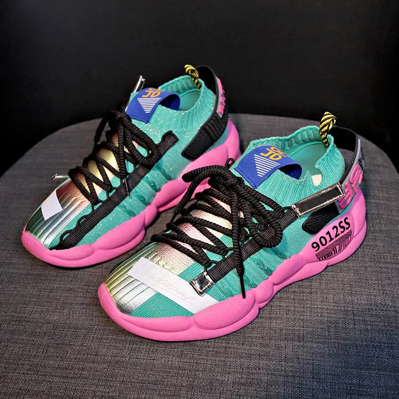 

Colorful Running Shoes Women 2019 New Sneakers Platform Knit Green Sport Shoes Breathable Soft Female Thick Soled Chunky Trainer