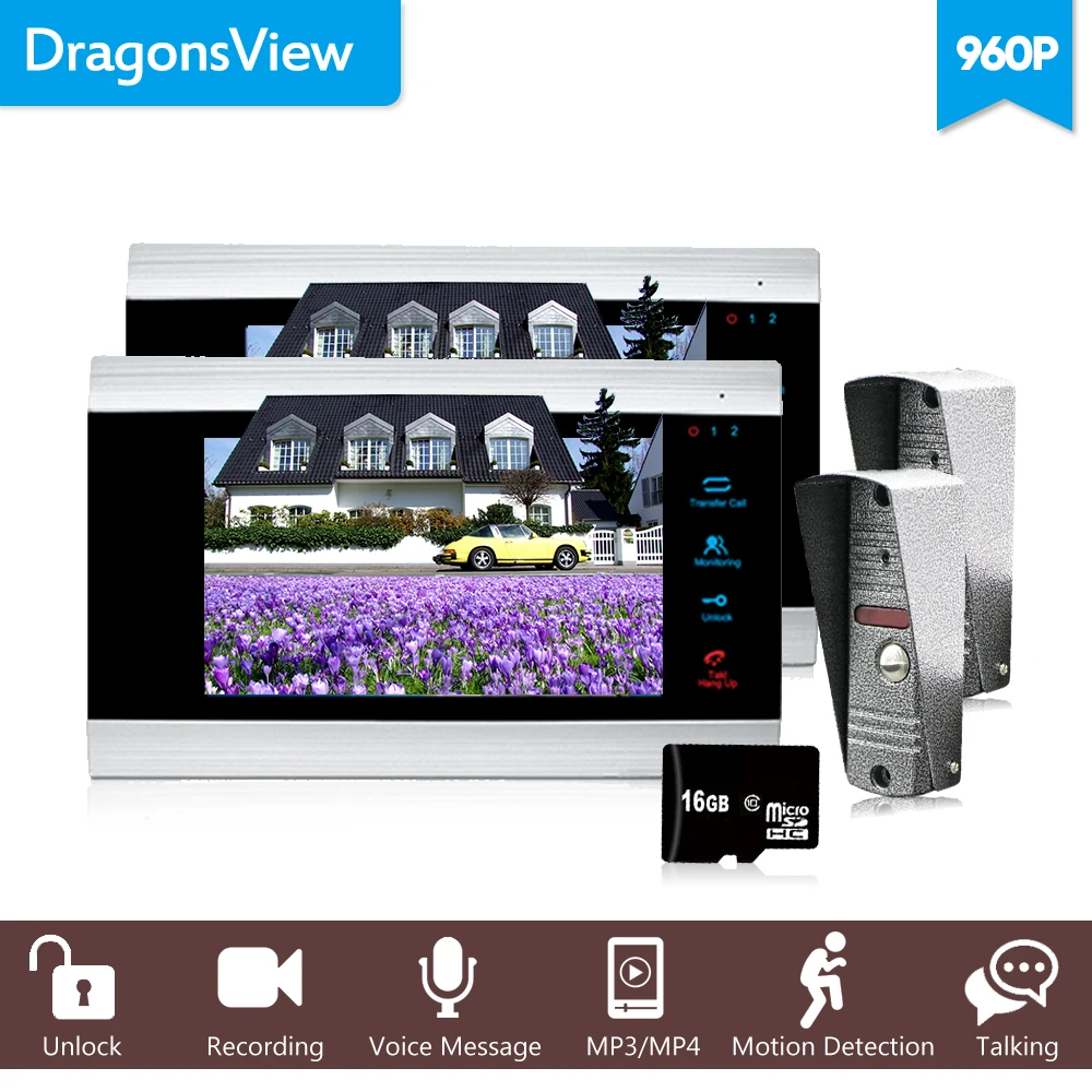 

Dragonsview 7" 960P Screen Video Intercom Kit DoorPhone Doorbell System Home Video Door Entry For Private House AHD Motion Alarm