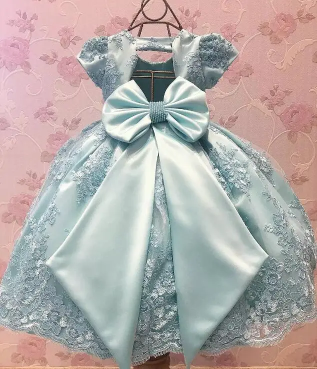 Небесно-голубое кружево с короткими рукавами, праздничные платья для маленьких девочек на день рождения с большим бантом, Платья с цветочным узором для девочек на свадьбу, 12 мес.-24 мес