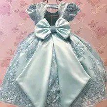 Небесно-голубое кружево с короткими рукавами, праздничные платья для маленьких девочек на день рождения с большим бантом, Платья с цветочным узором для девочек на свадьбу, 12 мес.-24 мес