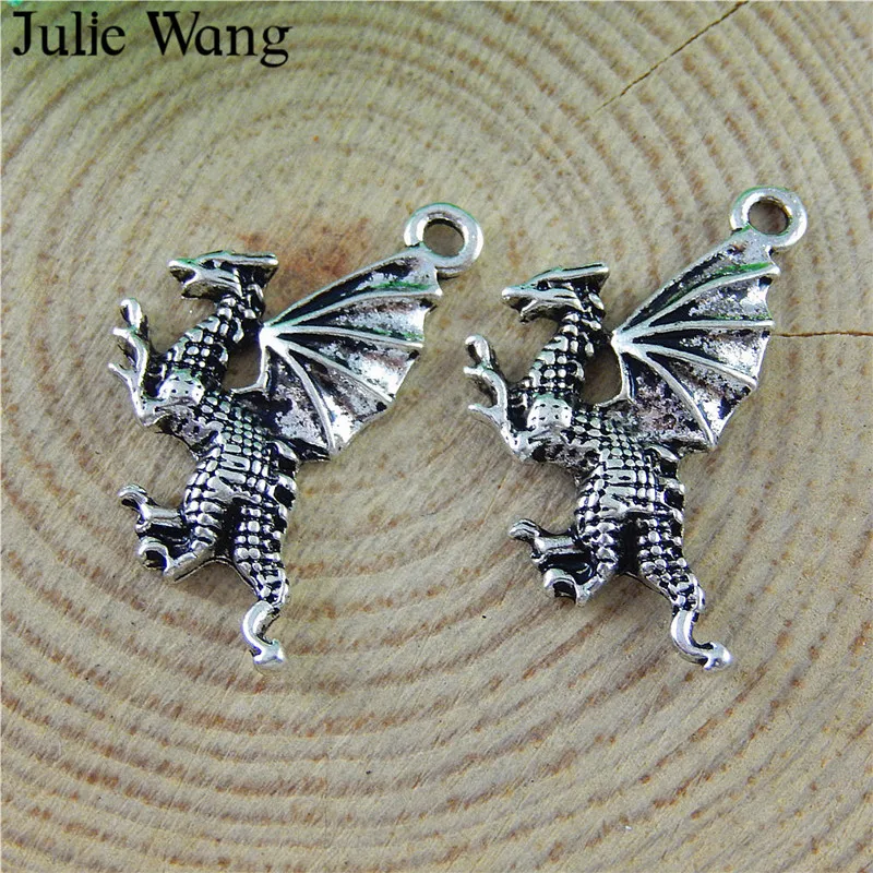 

Julie Wang 20pcs Alloy Antique Silver Dragon Charms For Necklace Pendants Findings Jewelry Making Hanging Accessory