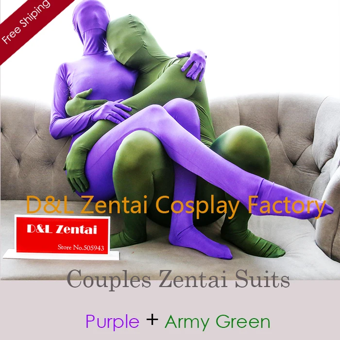 DHL, для взрослых, сексуальный костюм для пар, фиолетовый и армейский зеленый, лайкра, спандекс, Zentai, костюмы из двух предметов, RYN6339