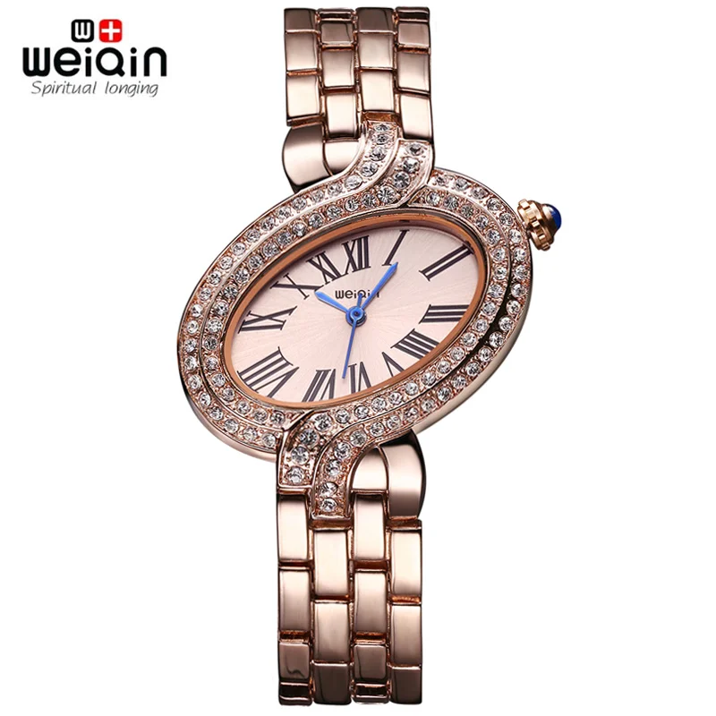 

WEIQIN Waterproof Quartz Movement Roman Number Scale Unique Design Dial Rhinestone Bezel Fashion Rhinestone Women watches