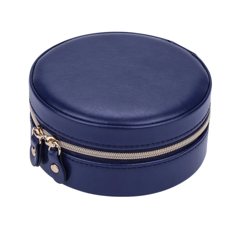 Portable Round Jewelry Box Travel Zipper PU Leather Jewellery Packaging Display Organizer Gift Box Earring Storage Carrying Case - Цвет: Blue