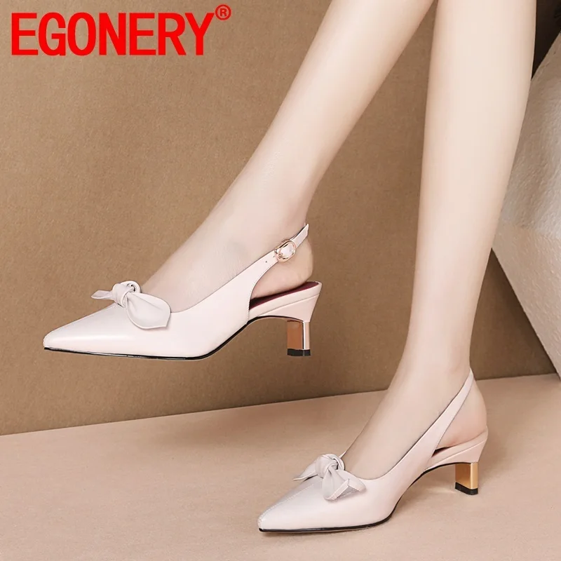 

EGONERY woman shoes 2019 summer new fashion sweet bowtie genuine leather woman sandals outside high heels buckle ladies shoes