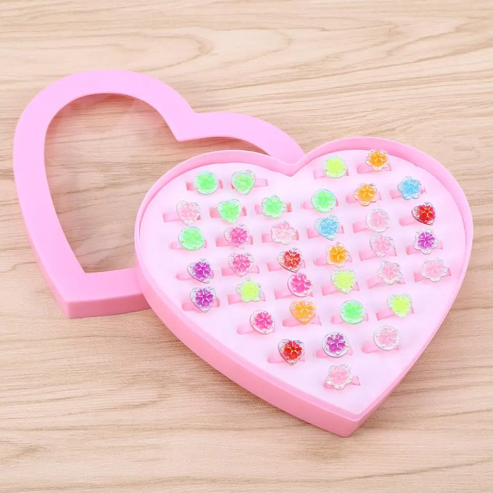 36pcs Colorful Children Plastic Flower Rings Adjustable with Heart