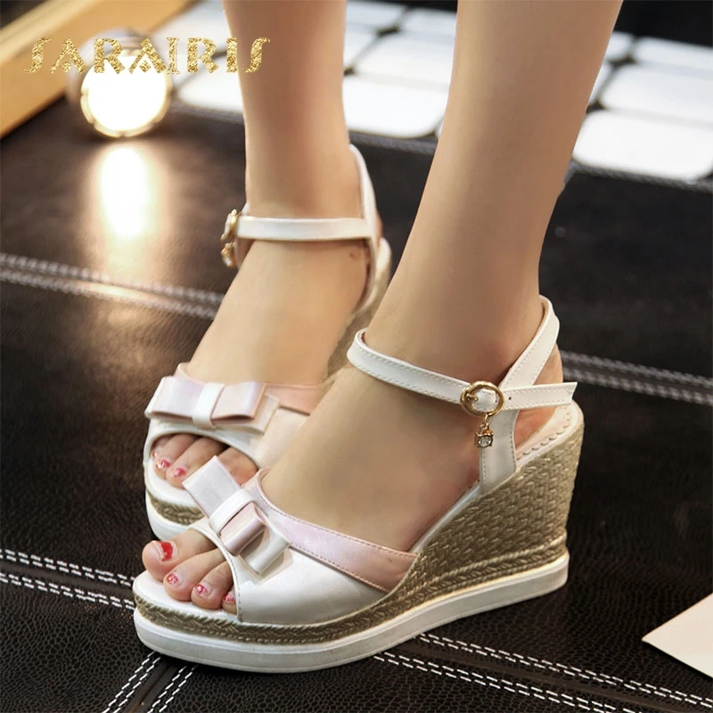 

Sarairis Cute Bow Tie Knot Ankle Strap Buckle Up High Heel Wedge Open Peep Toe Platform Summer Shoes Woman Sandals Size 33-43